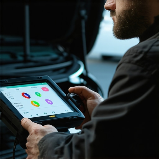 Mechanic with diagnostic scanner analyzing car's electronic systems