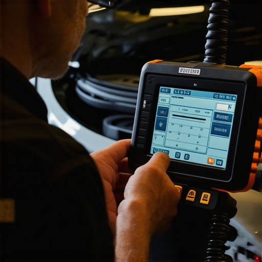 Mechanic diagnosing car transmission with a high-tech scanner.