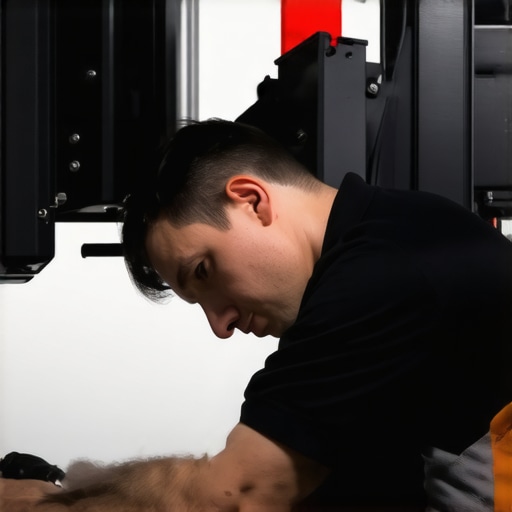 Automotive technician adjusting wheel alignment with calibration tools.