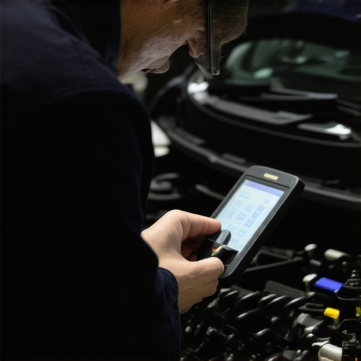 Technician utilizing a professional diagnostic scanner on a vehicle engine in a workshop.
