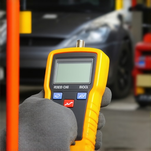 Mechanic testing transmission fluid with a digital analyzer in a well-equipped garage.