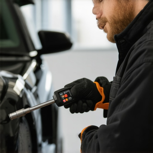 Precision tools for vehicle maintenance Mechanic using digital torque wrench and OBD-II scanner in a garage