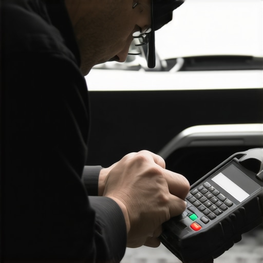 Mechanic using diagnostic equipment on vehicle