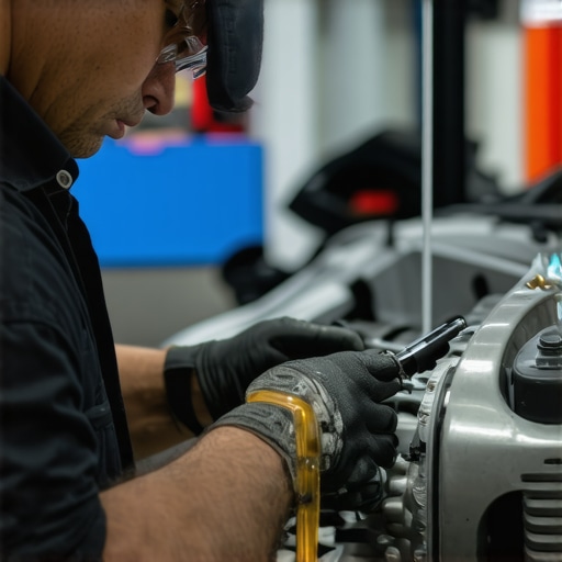 Professional Transmission Service Mechanic inspecting transmission fluid with specialized equipment in a modern auto repair shop