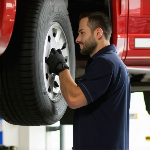 A mechanic using an alignment machine to check a vehicle's wheel alignment