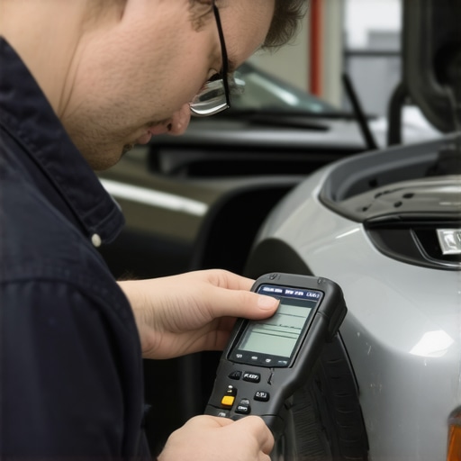 Mechanic diagnostics vehicle engine with high-tech scanner in garage