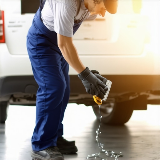 Mechanic changing car oil in a well-lit garage