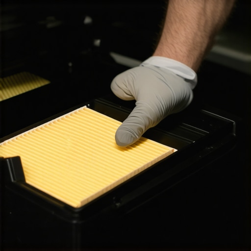 Car maintenance technician replacing a cabin air filter under the car's glove box