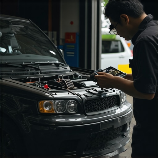 Transmission Diagnostics in Progress Mechanic testing transmission fluid and solenoids in a vehicle garage.