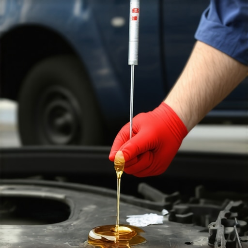 Mechanic inspecting transmission fluid level using a dipstick in a garage environment