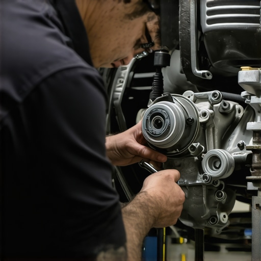 Mechanic inspecting transmission solenoid with tools and diagnostic equipment.