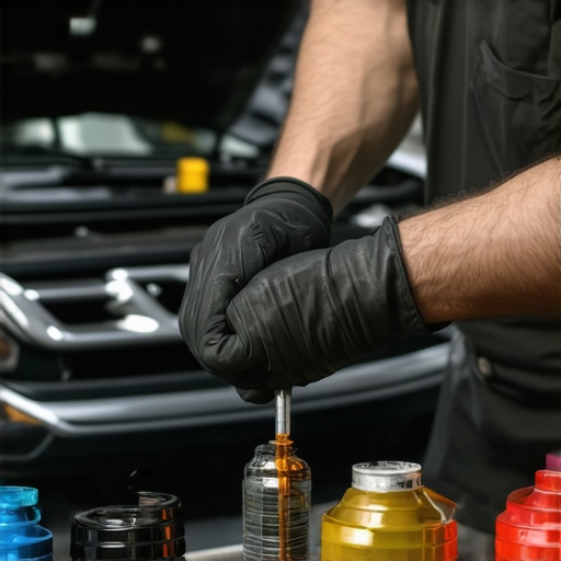 Transmission fluid inspection by a mechanic Mechanic checking transmission fluid level with diagnostic equipment