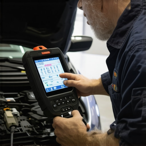  mechanic connecting diagnostic scanner to car's OBD port to monitor vehicle systems.