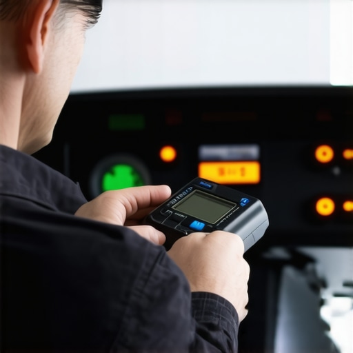 Technician performing vehicle diagnostics with an OBD-II scanner in a well-equipped garage.