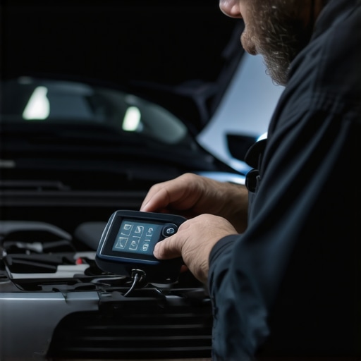 Using a Diagnostic Scanner for Car Maintenance Mechanic connecting a digital diagnostic tool to a vehicle's OBD-II port in a workshop