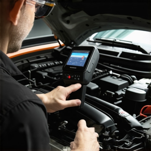 Mechanic inspecting car engine with a digital borescope for maintenance.