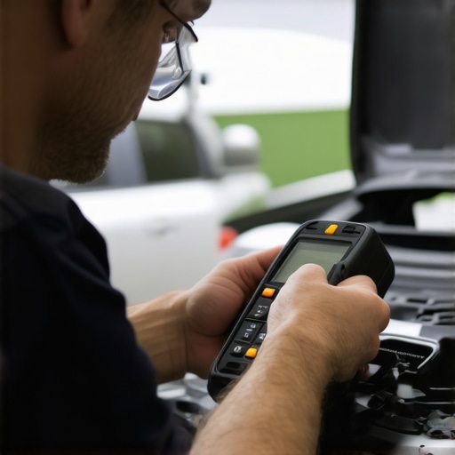 Auto technician connecting a diagnostic scanner to a vehicle's OBD port in a workshop