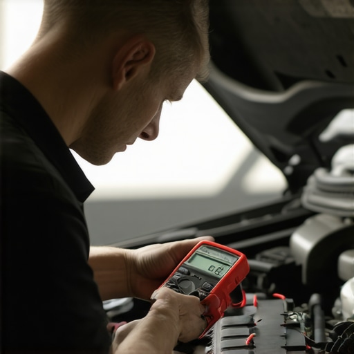 Technician testing car battery with multimeter to diagnose starting issues