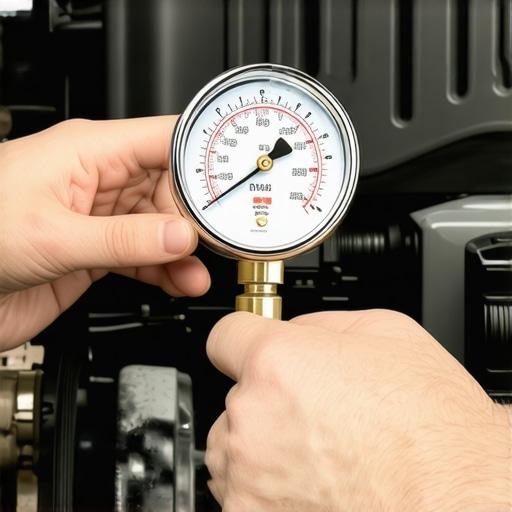 Mechanic checking oil pressure with a mechanical gauge on a car engine.