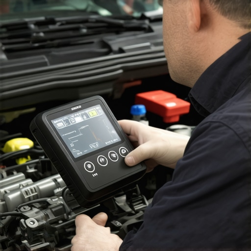 Mechanic attaching a diagnostic scanner to a car's OBD-II port to monitor transmission systems.