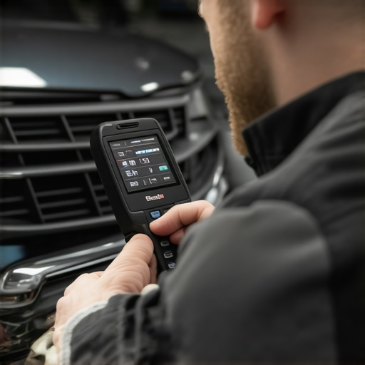 Mechanic reading error codes with a handheld scanner connected to a car's diagnostic port