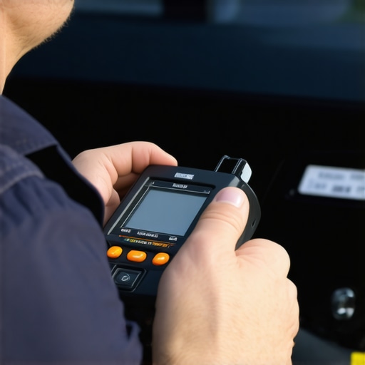 Mechanic diagnostics vehicle transmission with an OBD-II scanner.