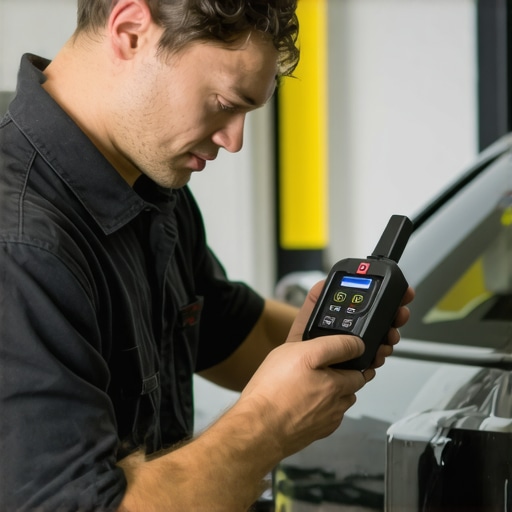 Mechanic diagnosing car transmission with a Bluetooth scanner in garage