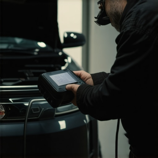 Using an OBD-II Scanner for Vehicle Diagnostics Mechanic analyzing vehicle diagnostics with a professional scanner in a workshop.
