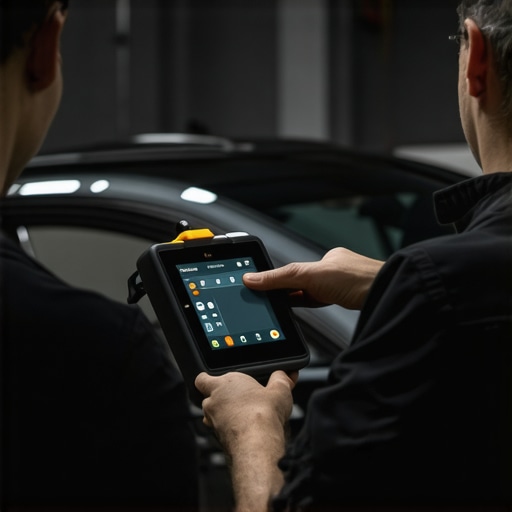 Mechanic inspecting a car's transmission and engine with digital diagnostic tools and inspection camera.