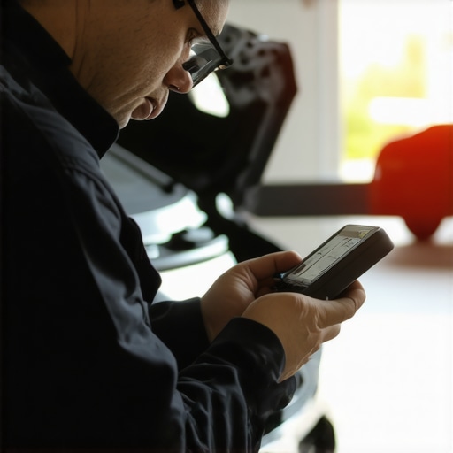 Mechanic using diagnostic scanner to troubleshoot car transmission issues.
