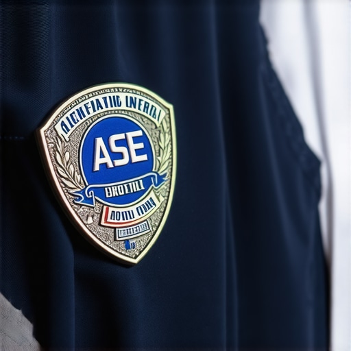 Close-up of a genuine ASE certification badge on a mechanic's uniform.