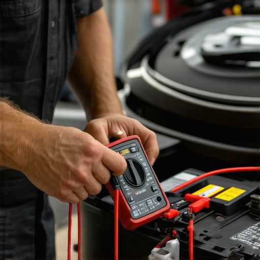 Mechanic testing car battery voltage with multimeter