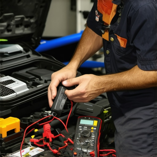 Automotive technician testing a car battery using a multimeter in the mechanic's garage.