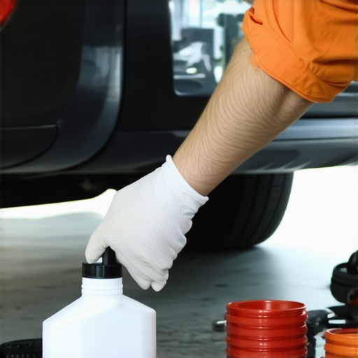 Automotive technician bleeding brake fluid from a car's wheel brake system