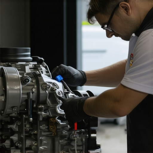 A professional mechanic checking transmission and engine fluids in a well-equipped garage.