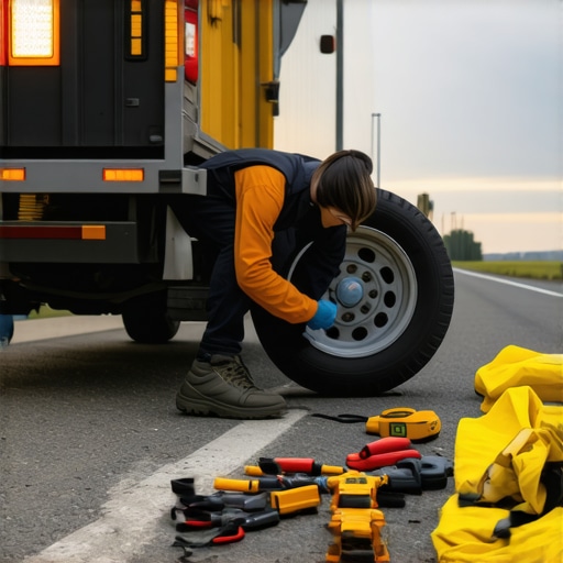 Person replacing a flat tire on a road with safety measures in place.