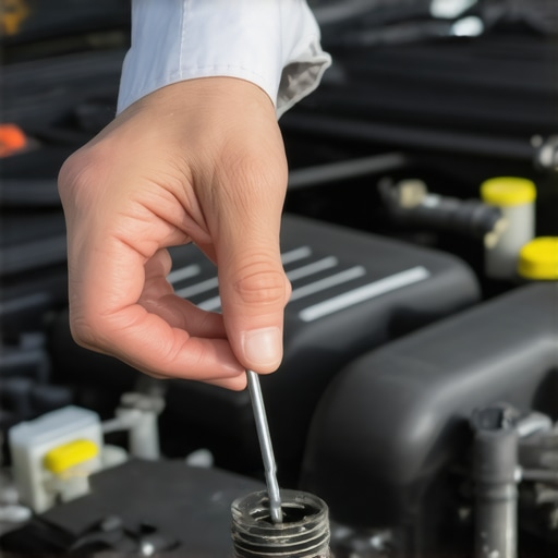 Person inspecting the oil level on a car's dipstick in a clean engine bay.