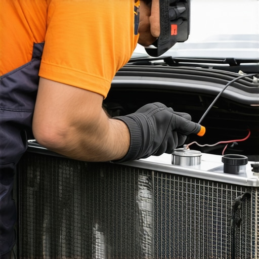 Technician checking radiator hoses and coolant levels in a car engine.