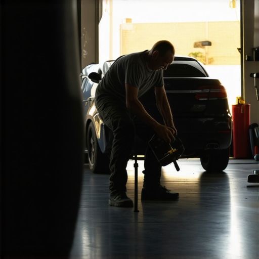 Person performing an oil change on a car in a garage