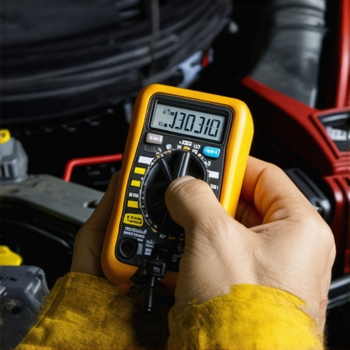 Mechanic testing a car's electrical circuit with a multimeter in a garage.