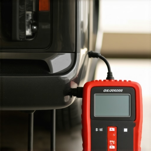 Diagnostic Scanner Connected to Car's OBD-II Port Close-up image of a technician using an automotive diagnostic scanner on a vehicle in a garage.