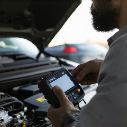 A mechanic connecting a diagnostic scanner to a car engine to check for transmission and oil system health.
