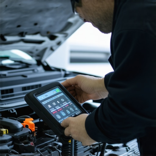 Mechanic performing a car diagnostic with a digital scanner to ensure engine health.