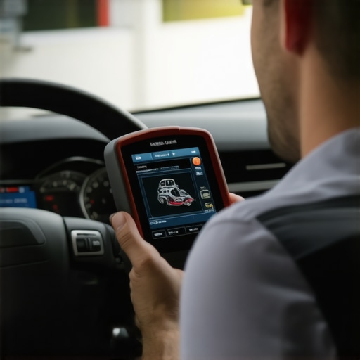 Mechanic inspecting vehicle diagnostics with a scanner connected to the car's onboard system