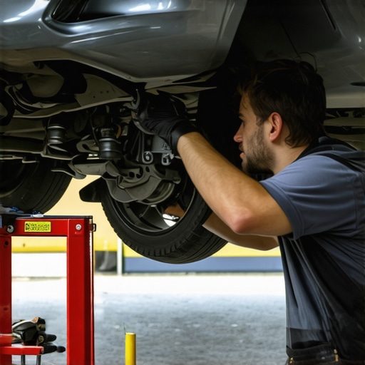 Mechanic with tools replacing car engine mounts in a workshop