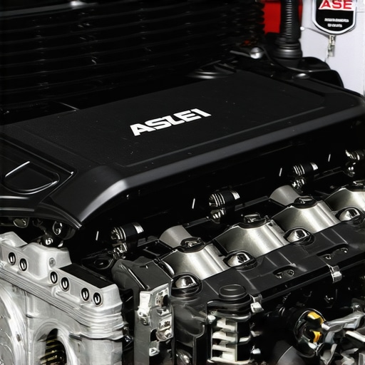 Close-up of a car engine with diagnostic tools and ASE badge.
