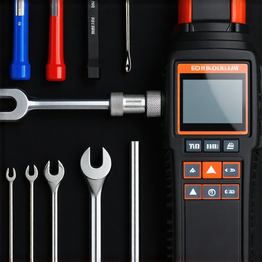 Diagnostic scanner and torque wrench used by a mechanic in a garage