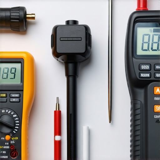 A set of professional-grade automotive tools including multimeter, torque wrench, and OBD-II scanner on a workbench