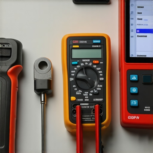 Close-up of multimeter, torque wrench, and maintenance app on smartphone for automotive care.