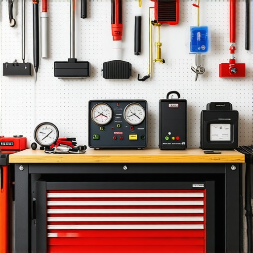 Garage with professional automotive diagnostic equipment and tools for car maintenance.